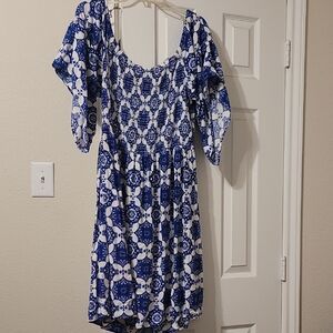 Ashley Stewart Blue and White Patterned Dress